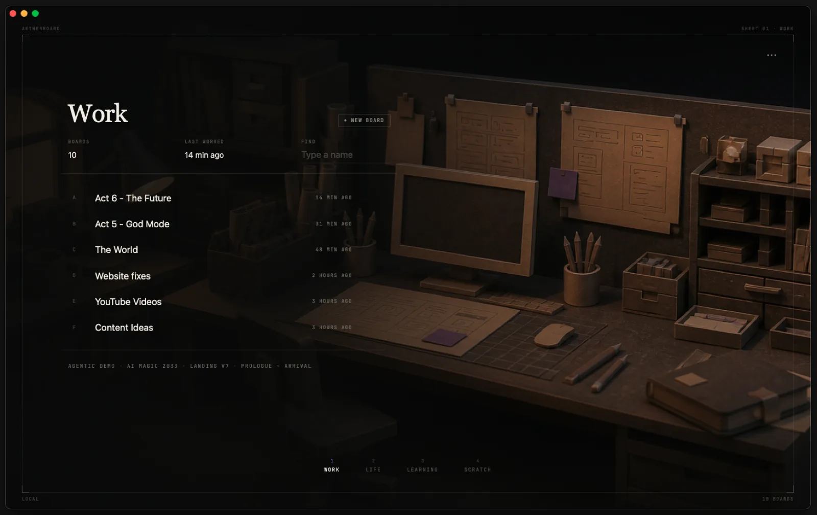 The Work space in Aetherboard, showing local boards over a tactile studio scene
